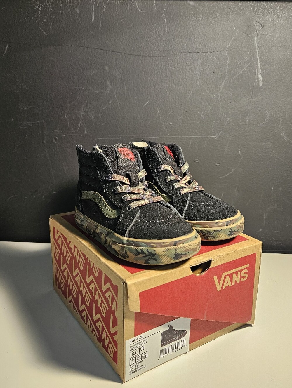 Vans Kids High-Top Sneakers in Black with Camo Sole and Olive Accent